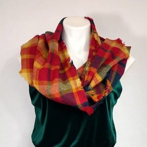Plaid fall colors triangle raw hem scarf wrap